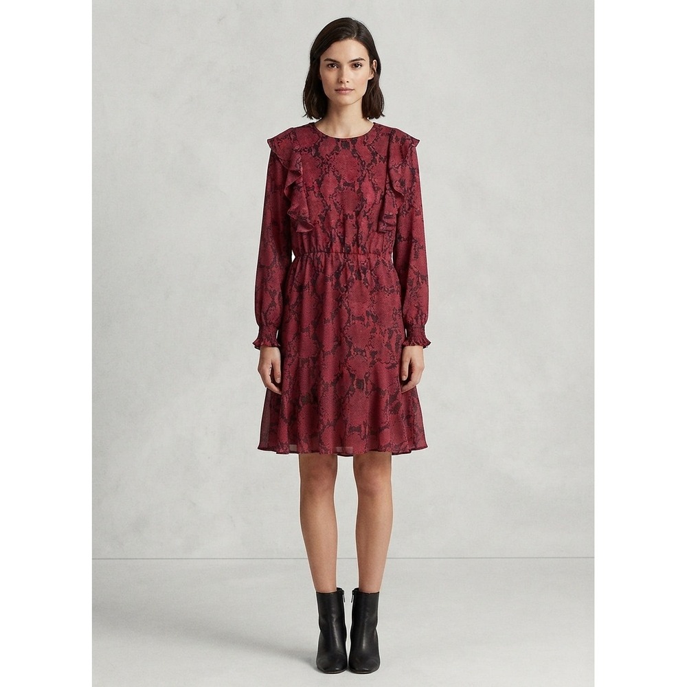 Banana Republic Red Snakeskin Ruffle Mini Dress Long Sleeve Size L Animal Print